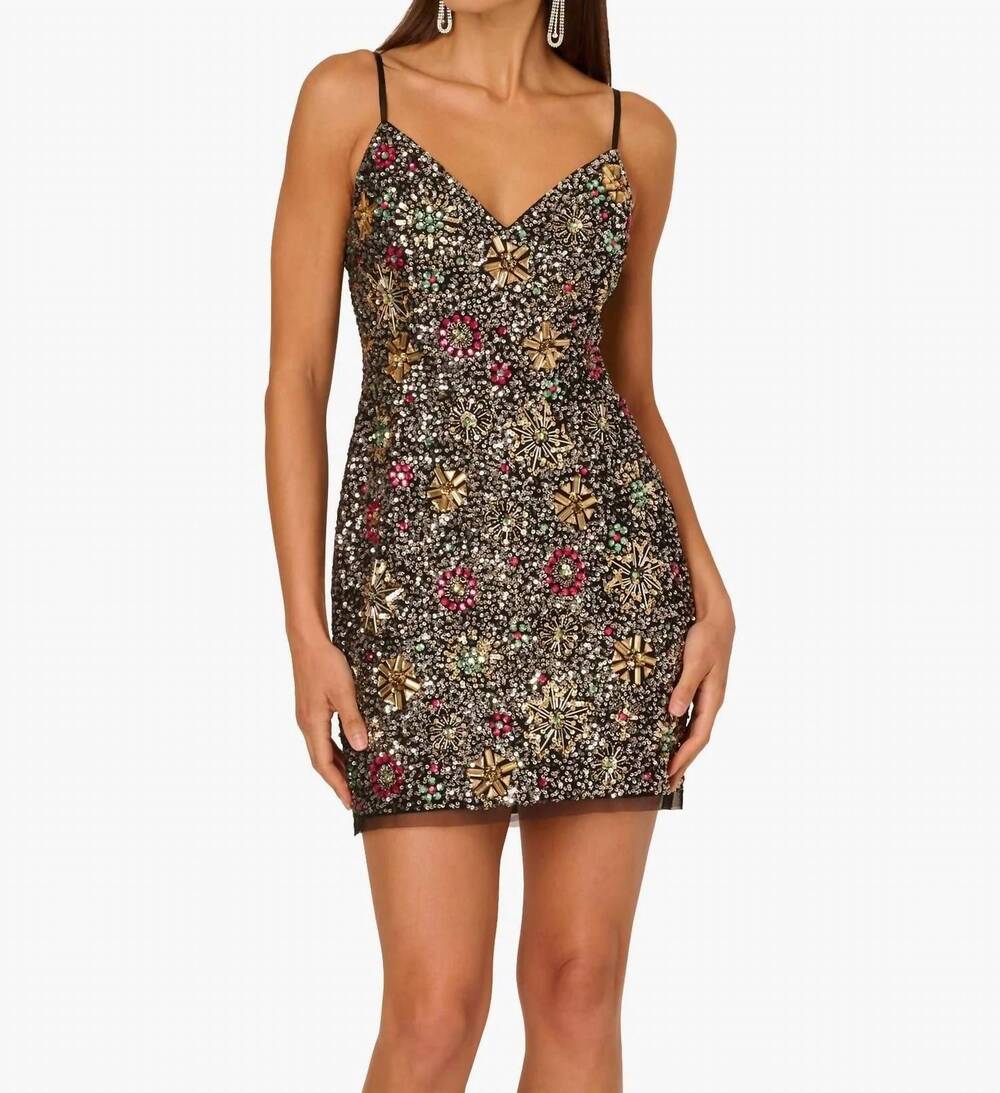 NEW ADRIANNA PAPELL spaghetti straps beaded short cocktail dress in multi